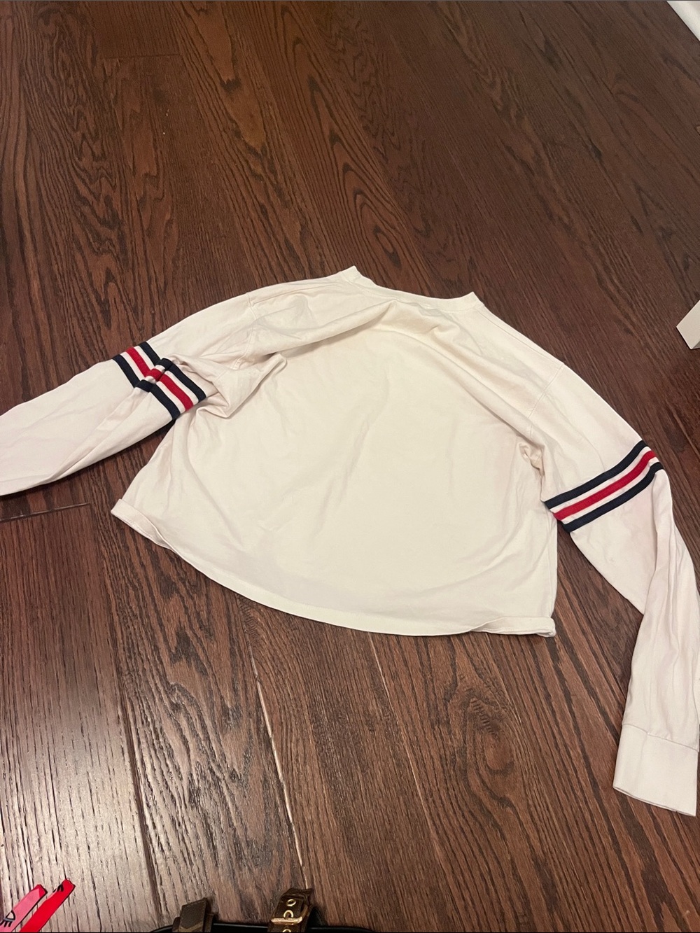 Brandy Melville Cream Long Sleeve Sweater with Red & Navy Stripe Cuffs